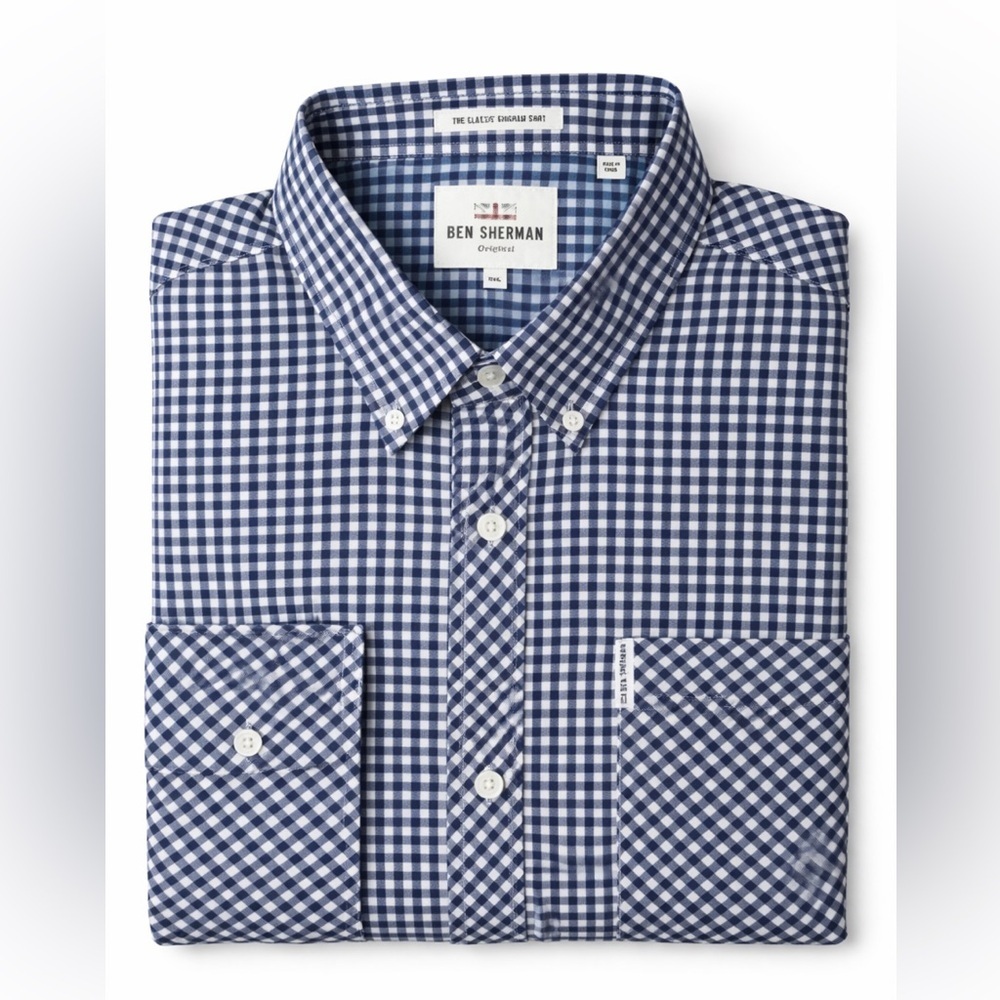Ben Sherman Men’s 2XL Classic Gingham Check Button Down Shirt Blue White Cotton